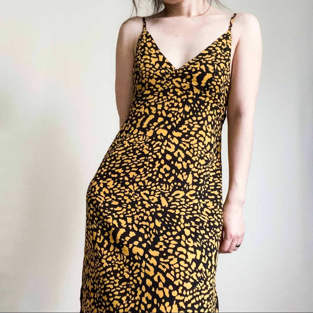 NWT Smiling Bear mustard yellow leopard print slit slip dress size S